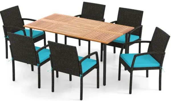 7 Pieces Outdoor Dining Set Acacia Wood Table with Umbrella Hole and Cushions