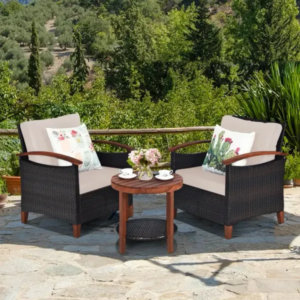 3 Pieces Patio Wicker Furniture Set with Washable Cushion and Acacia Wood Tabletop