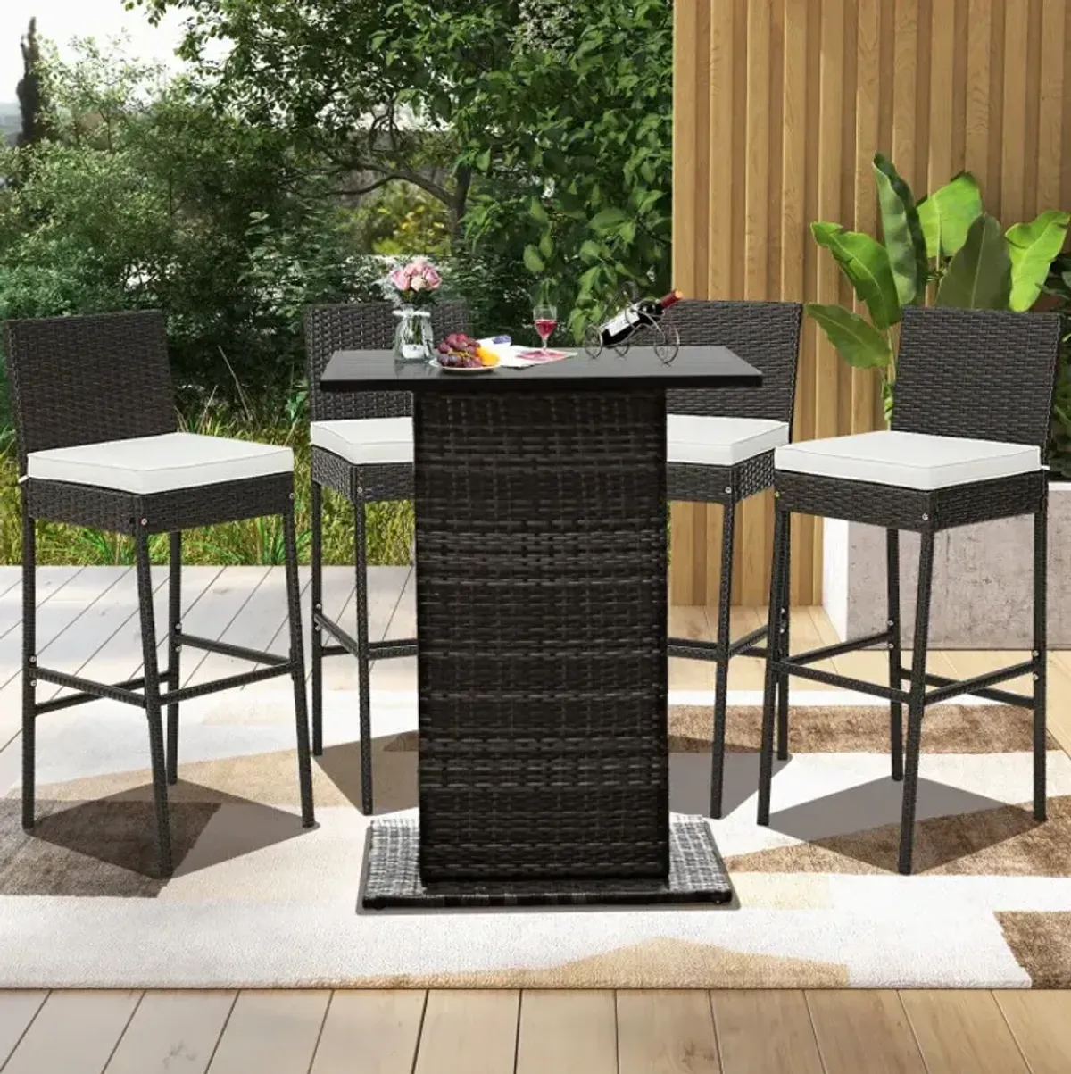 Set of 2/4 Patio Wicker Barstools with Seat Cushion and Footrest