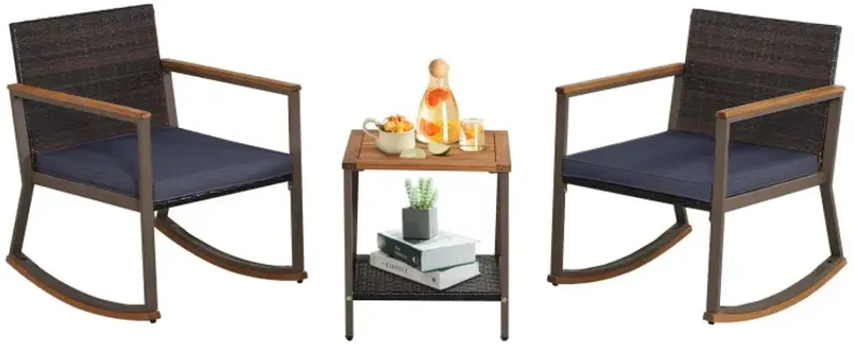 3 Pieces Rattan Rocking Bistro Set with Coffee Table and Cushions
