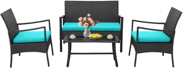 4 Pieces Rattan Conversation Set with Tempered Glass Coffee Table