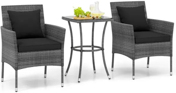 3 Pieces Patio Furniture Set with Cushioned Patio Chairs and Tempered Glass Coffee Table