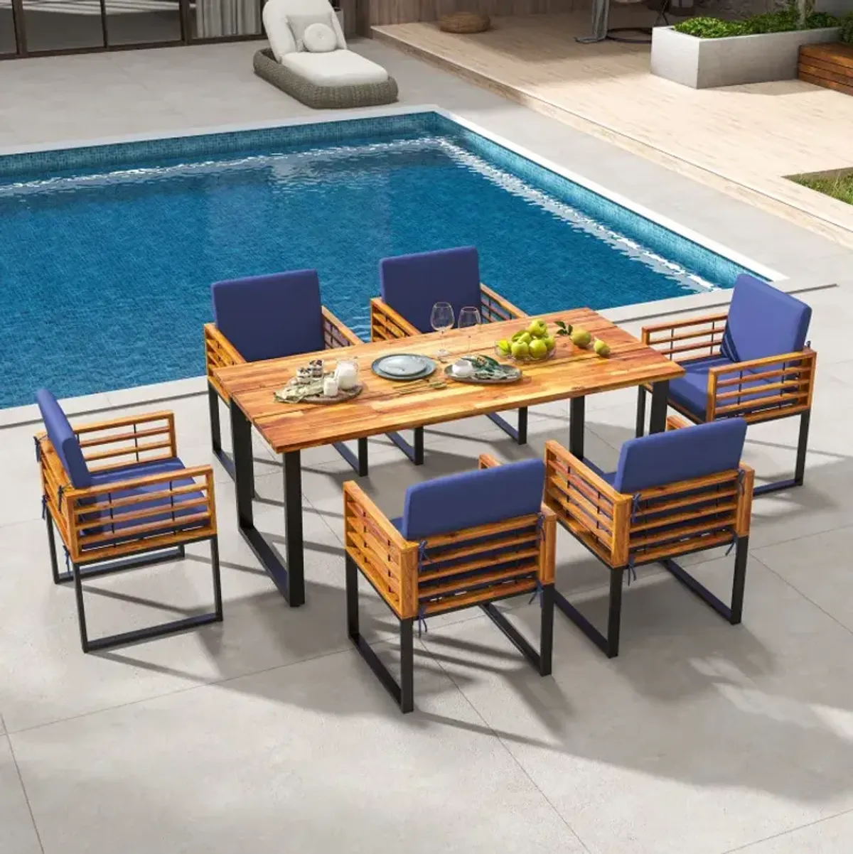 7 Pieces Patio Acacia Wood Dining Chair and Table Set for Backyard and Poolside