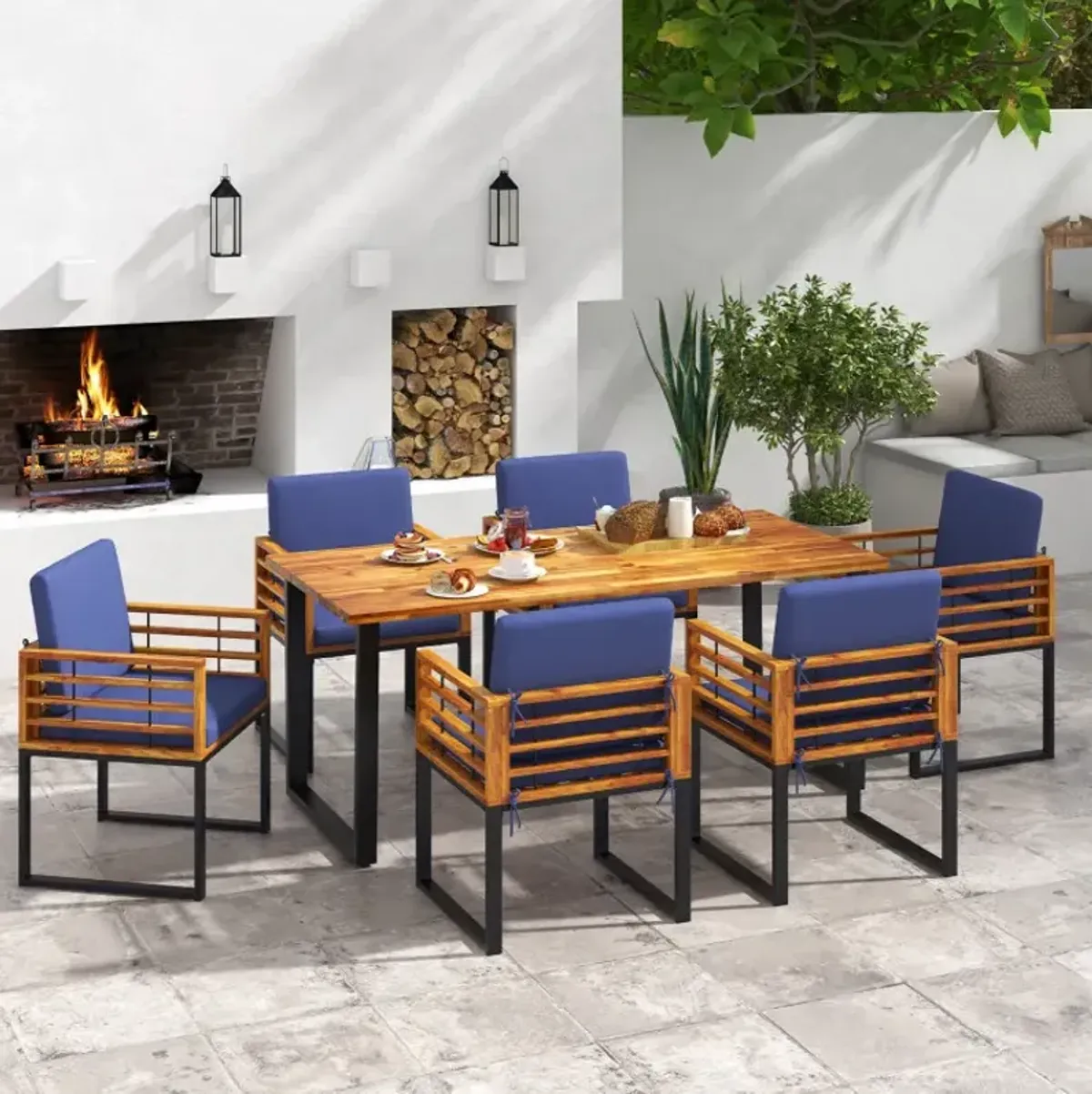 7 Pieces Patio Acacia Wood Dining Chair and Table Set for Backyard and Poolside