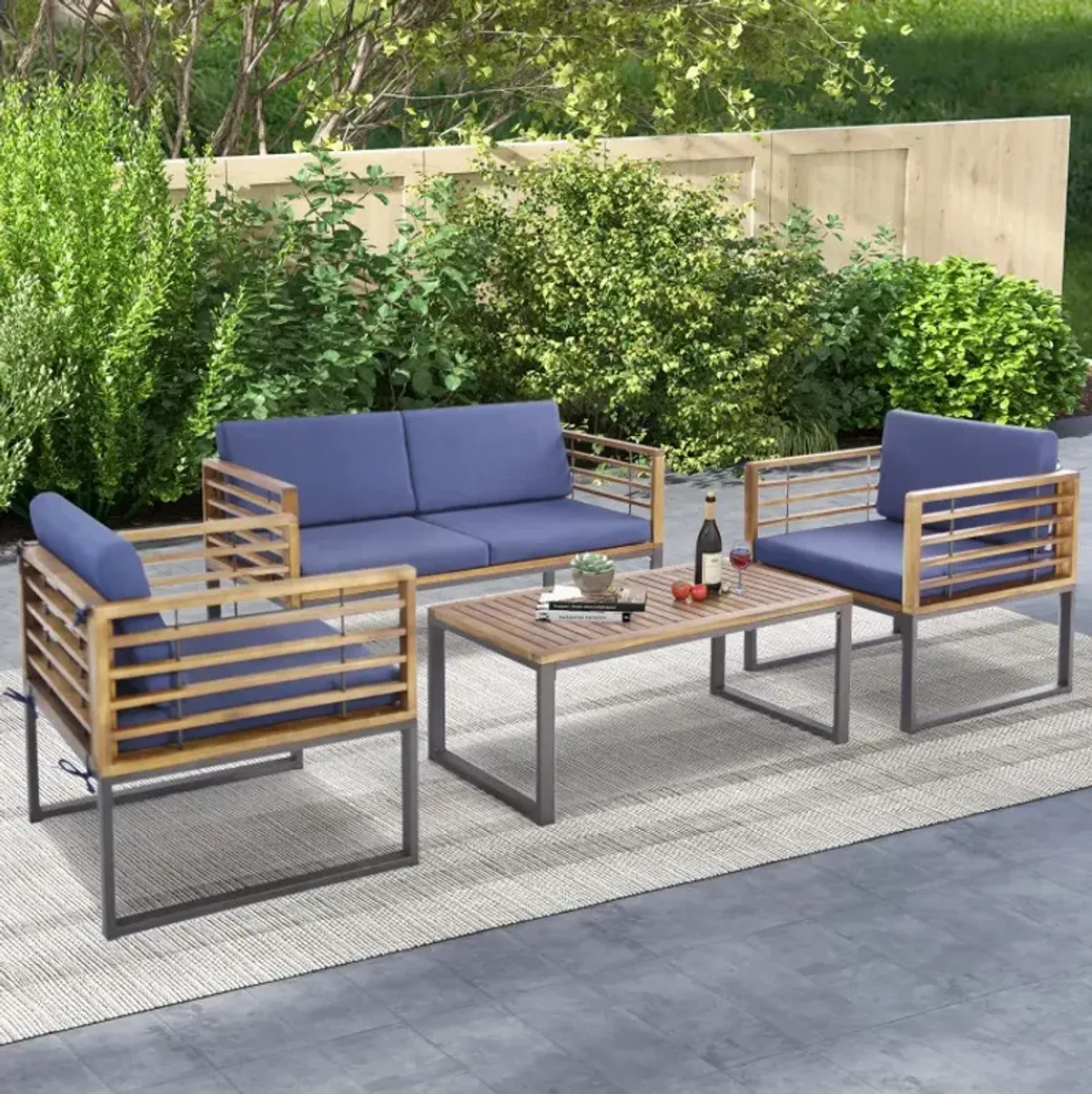 4 Piece Patio Acacia Wood Conversation Set with Soft Seat