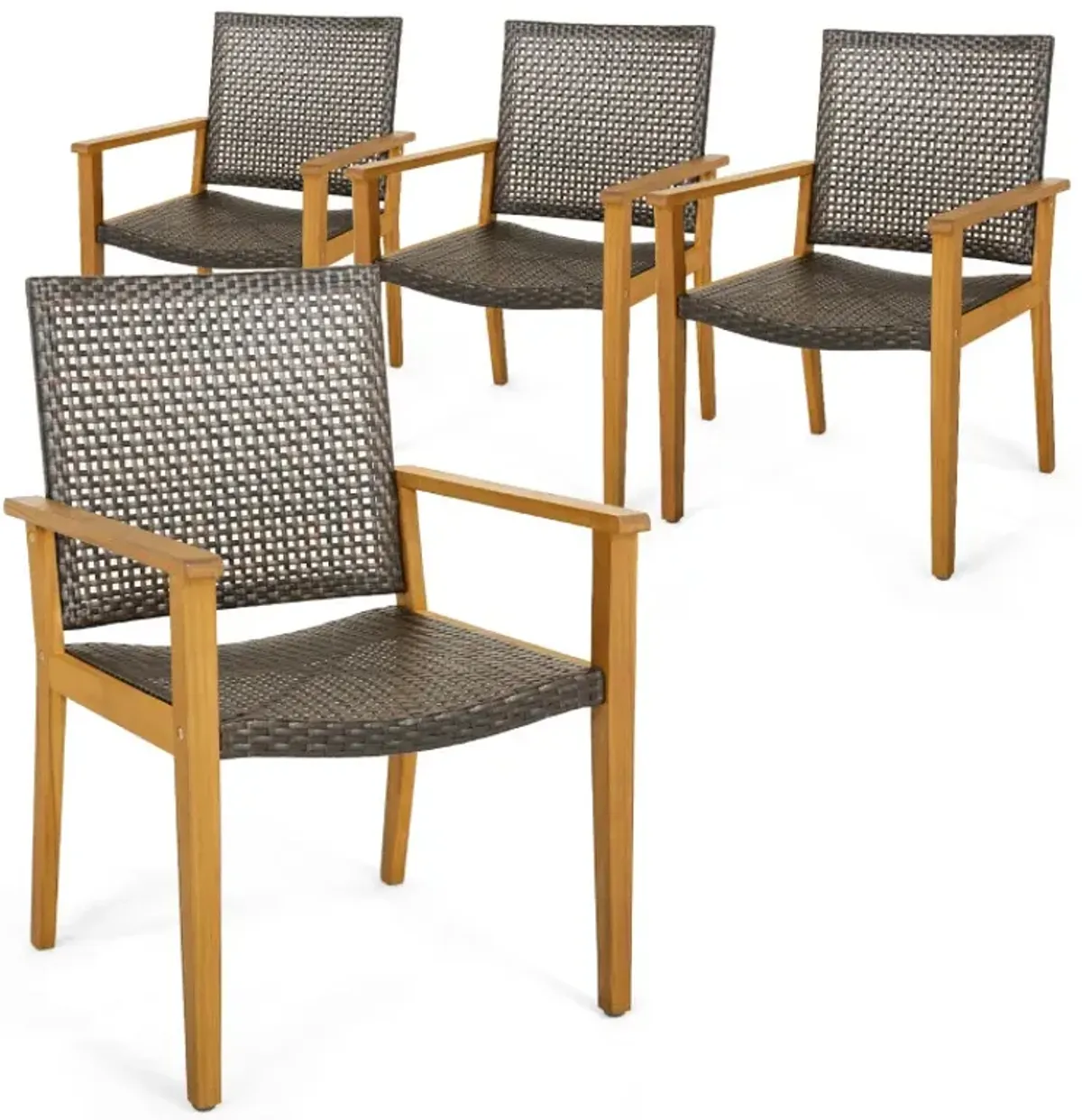Set of 4 Outdoor Rattan Chair with Sturdy Acacia Wood Frame