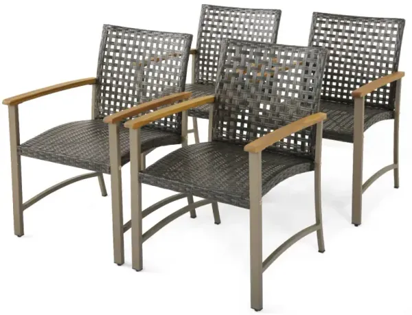 Set of 4 Patio Rattan Dining Chairs with Acacia Wood Armrests