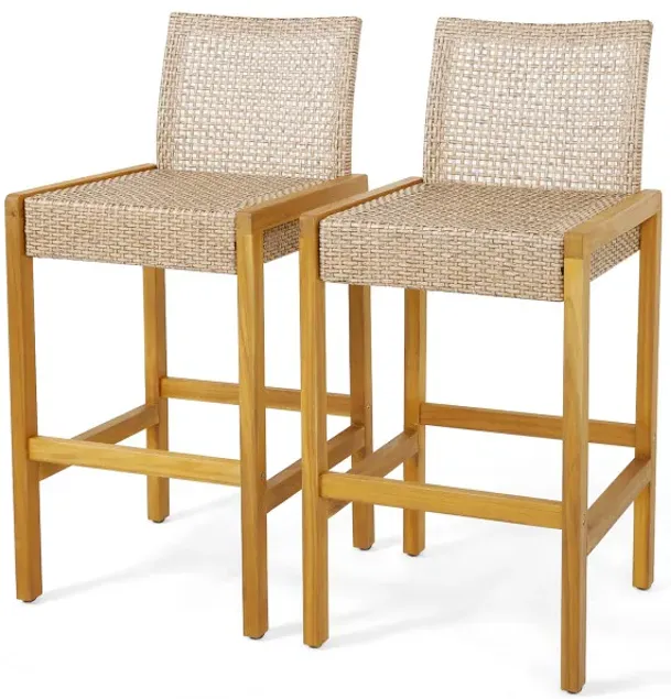 Set of 2 Rattan Patio Wood Barstools Dining Chairs with Backrest