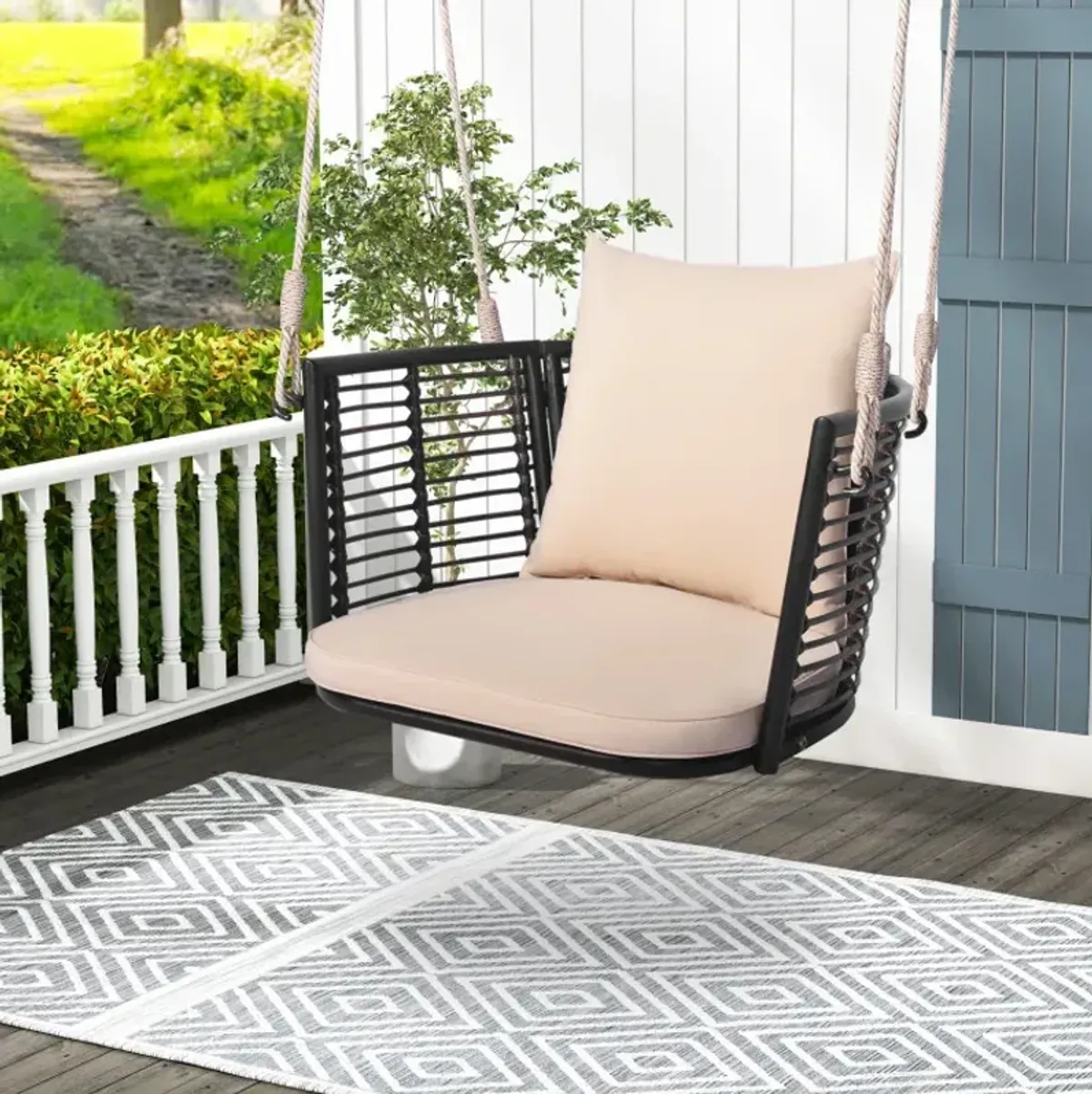 Porch Swing Patio Hanging Rattan Chair with Zippered Cushions and Rope