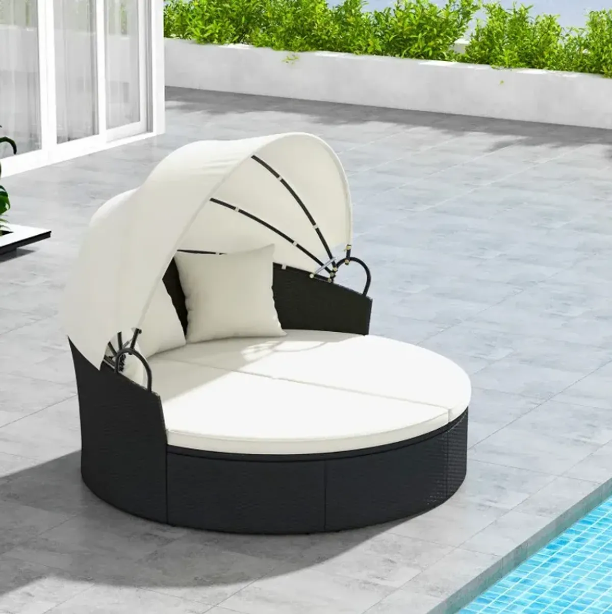 Clamshell Patio Round Daybed Wicker with Retractable Canopy and Pillows