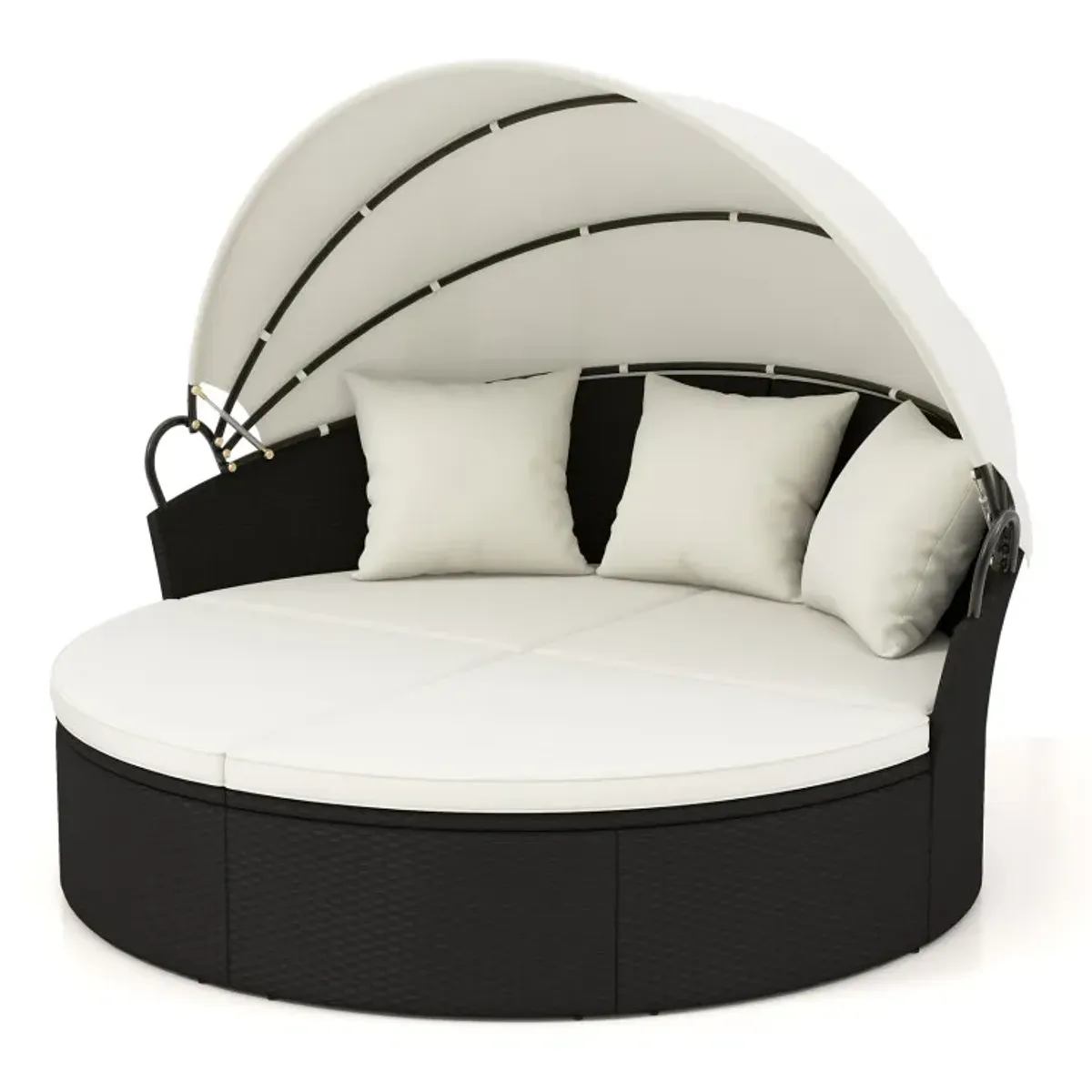 Clamshell Patio Round Daybed Wicker with Retractable Canopy and Pillows