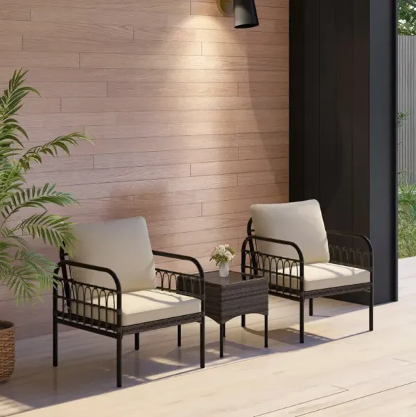 3 Pieces Patio Wicker Conversation Set with Cushions and Tempered Glass Coffee Table