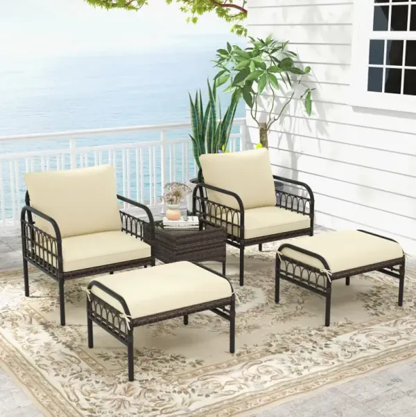 5 Piece Patio Conversation Set with 2 Ottomans and Coffee Table