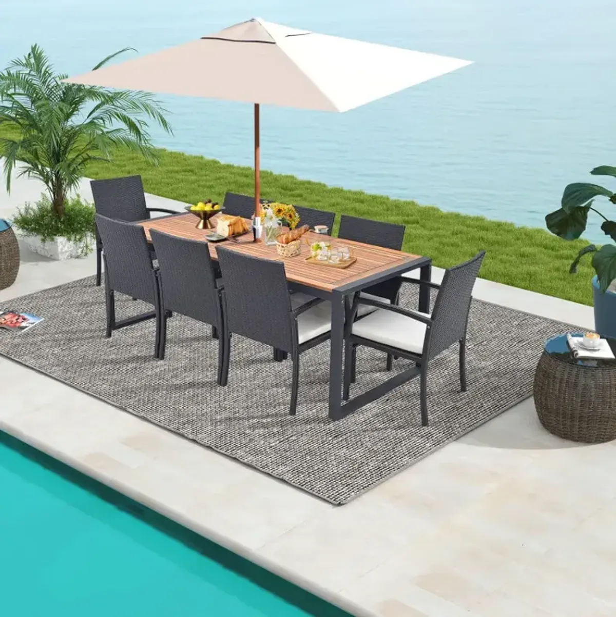 9 Pieces Patio Rattan Dining Set with Acacia Wood Table for Backyard Garden