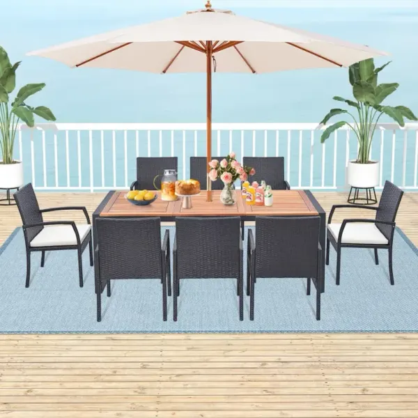 9 Pieces Patio Rattan Dining Set with Acacia Wood Table for Backyard Garden