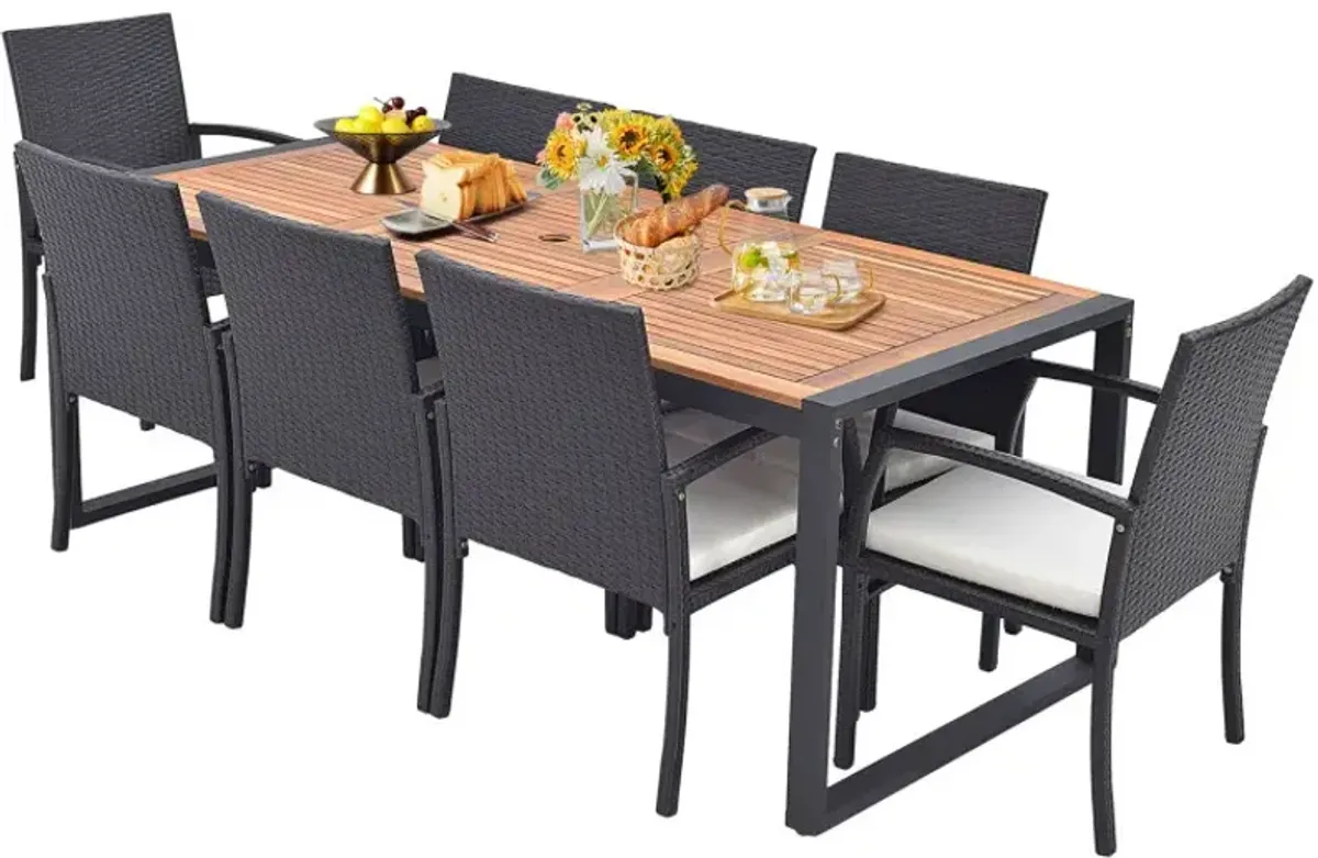 9 Pieces Patio Rattan Dining Set with Acacia Wood Table for Backyard Garden