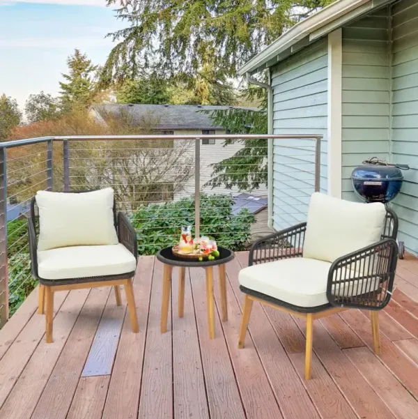 3 Pieces Acacia Wood Patio Furniture Set with Cushioned Wicker Chairs and Tempered Glass Side Table