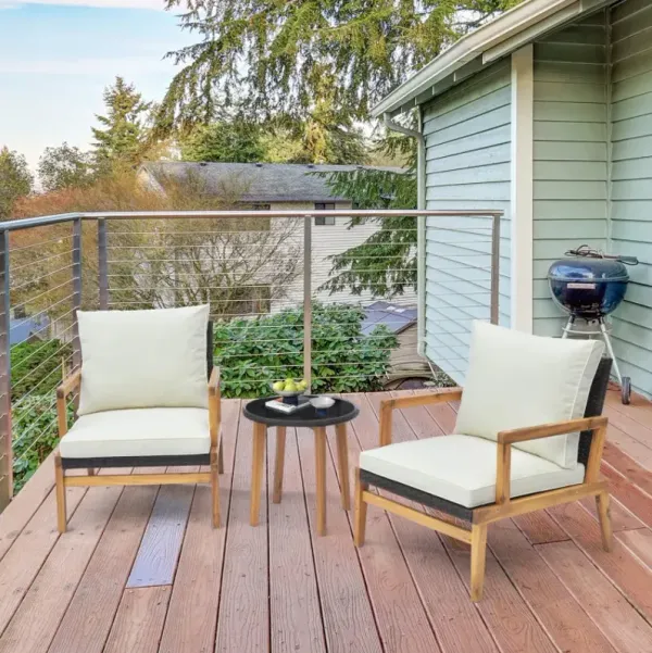 3 Pieces Acacia Wood Patio Furniture Set with Cushioned Wicker Chairs and Tempered Glass Side Table