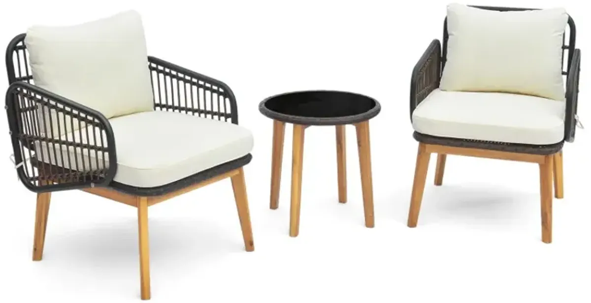 3 Pieces Acacia Wood Patio Furniture Set with Cushioned Wicker Chairs and Tempered Glass Side Table