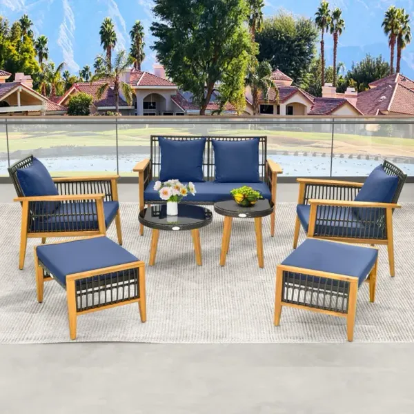 7 Piece Outdoor Conversation Set with Stable Acacia Wood Frame Cozy Seat & Back Cushions