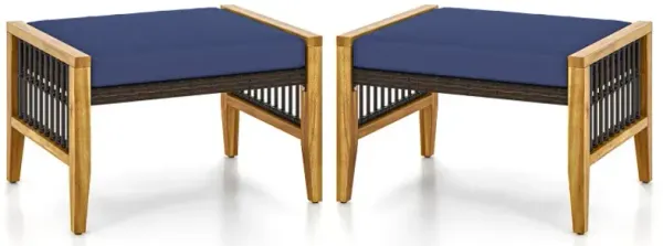 Patio Acacia Wood Ottomans with Cushions and Versatile Rattan Woven Footstools
