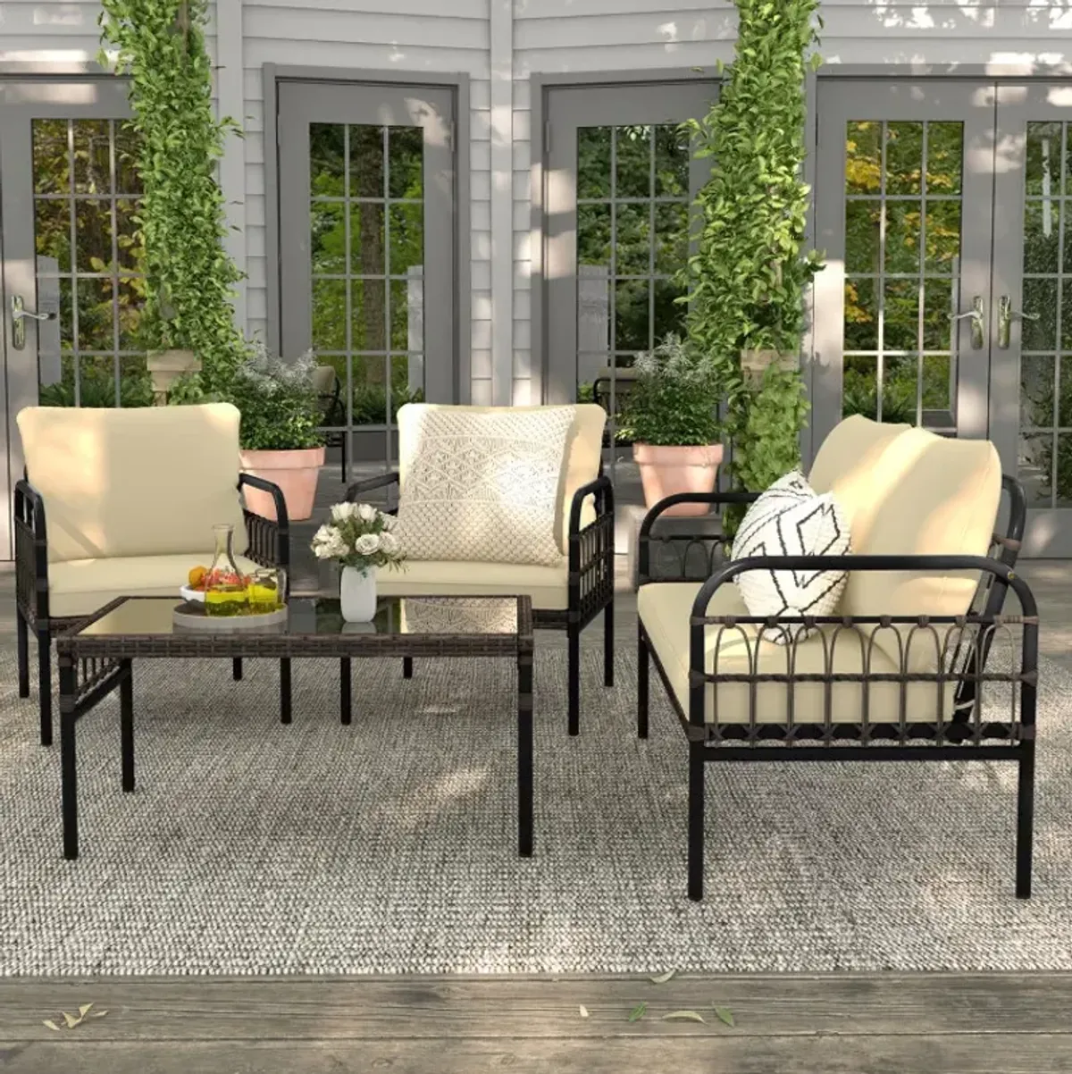 4 Pieces Hand-woven Rustproof Metal Frame Outdoor Wicker Conversation Bistro Set