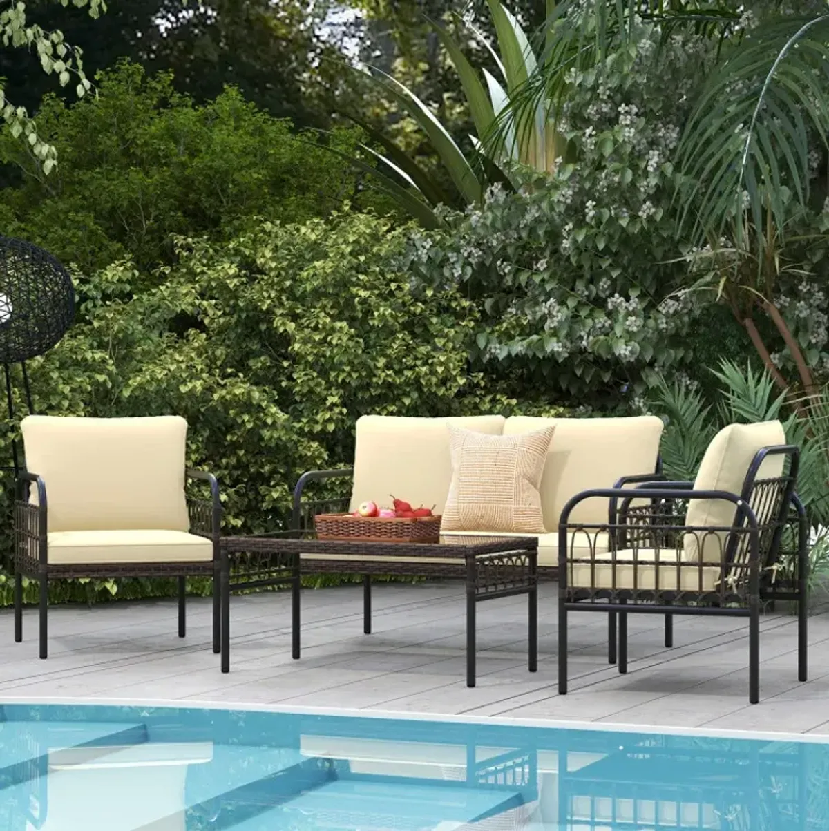 4 Pieces Hand-woven Rustproof Metal Frame Outdoor Wicker Conversation Bistro Set