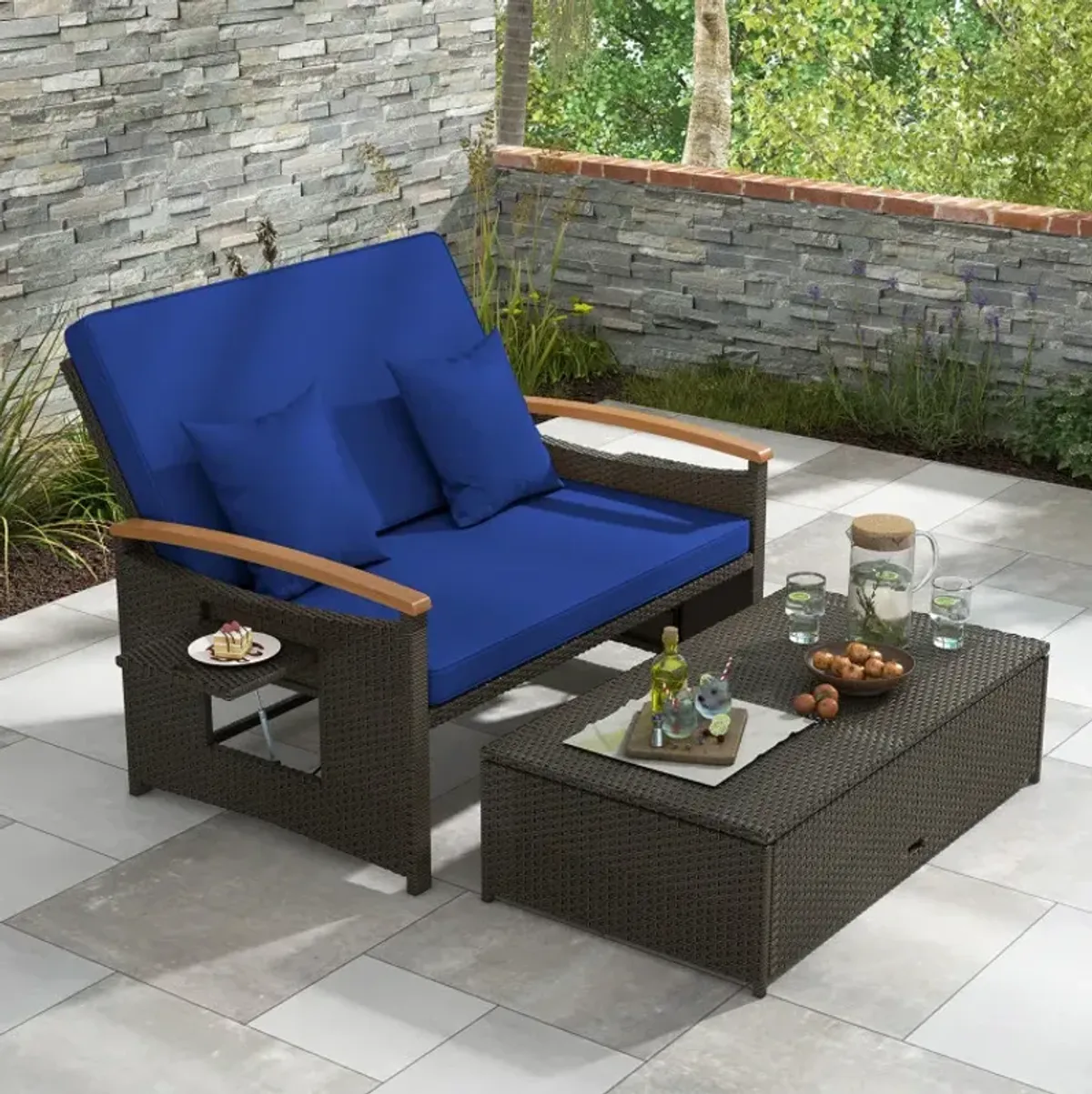 Outdoor Wicker Daybed with Folding Panels and Storage Ottoman