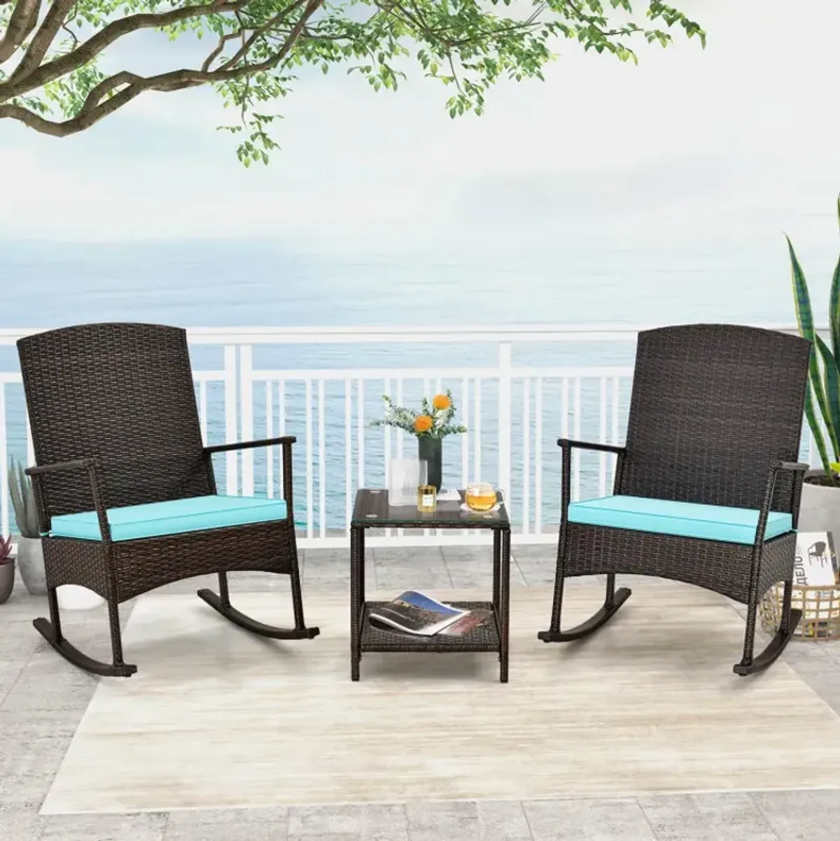3 Piece Patio Rocking Set Wicker Rocking Chairs with 2-Tier Coffee Table
