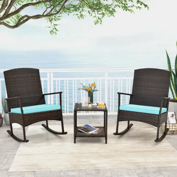3 Piece Patio Rocking Set Wicker Rocking Chairs with 2-Tier Coffee Table