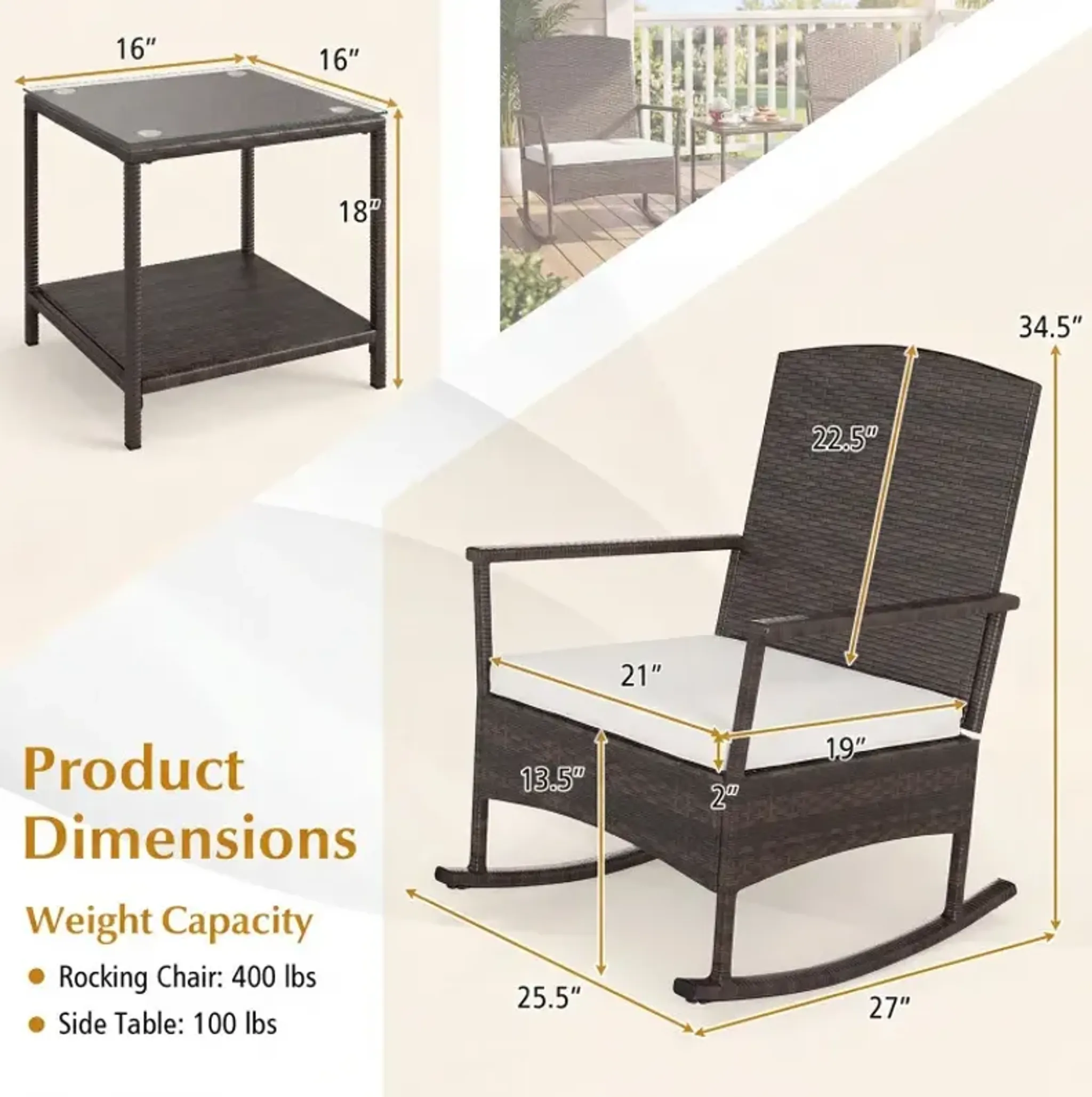 3 Piece Patio Rocking Set Wicker Rocking Chairs With 2 Tier Coffee ...