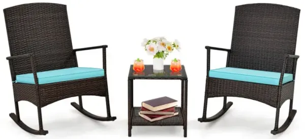 3 Piece Patio Rocking Set Wicker Rocking Chairs with 2-Tier Coffee Table