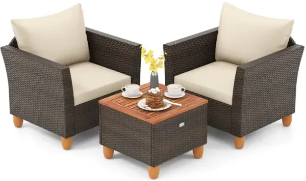 3 Pieces Patio PE Wicker Furniture Set with Cushions and Acacia Wood Storage Coffee Table