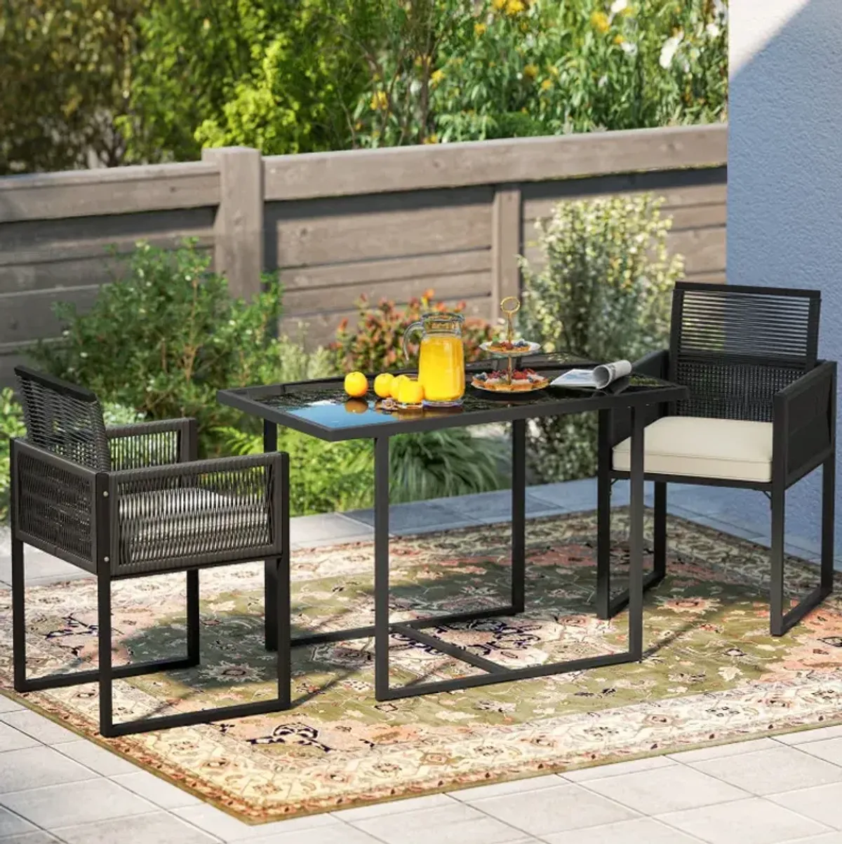 3 Pieces Patio Tempered Glass Top Table and Chairs Set for Porch Backyard