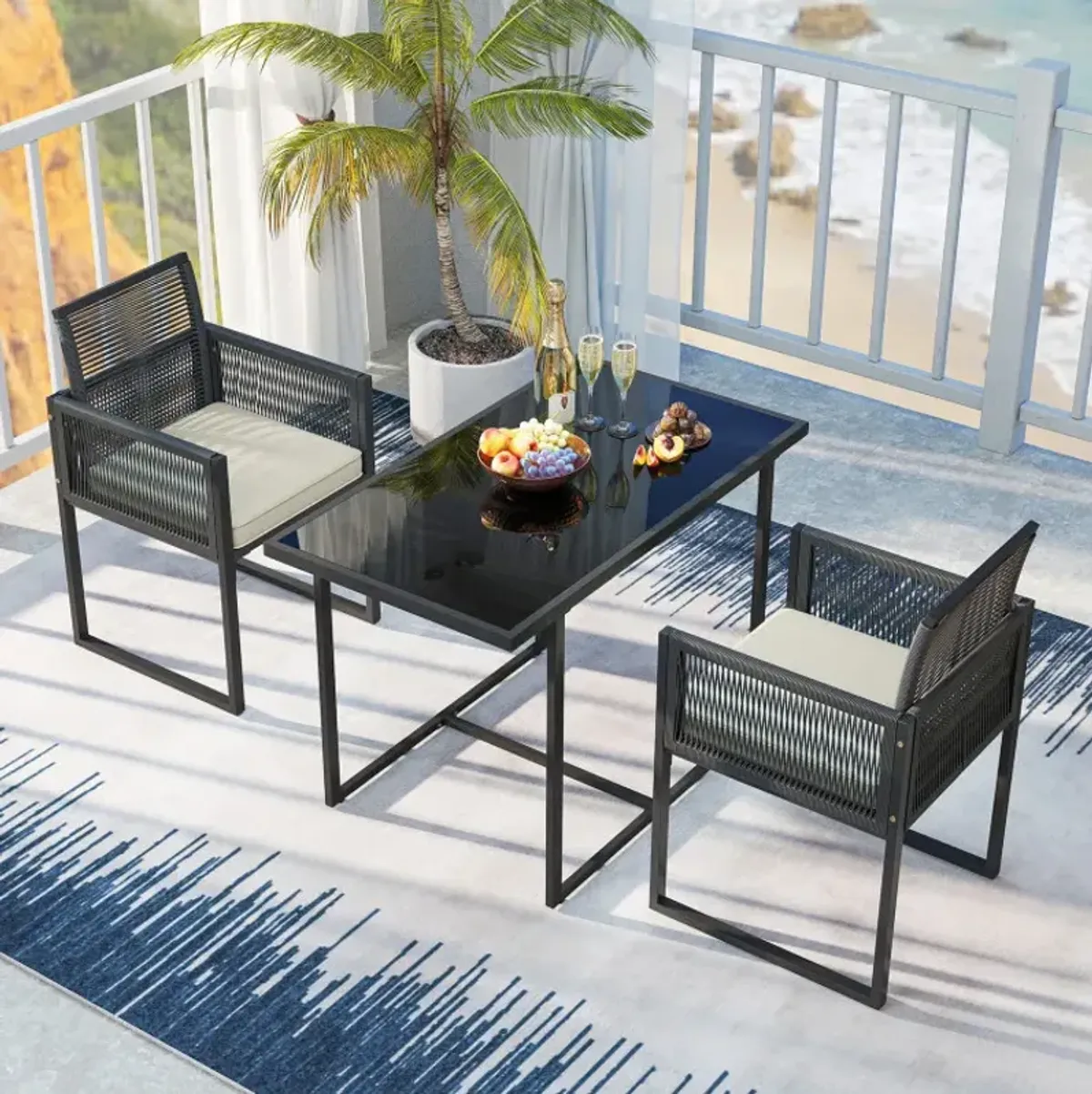 3 Pieces Patio Tempered Glass Top Table and Chairs Set for Porch Backyard