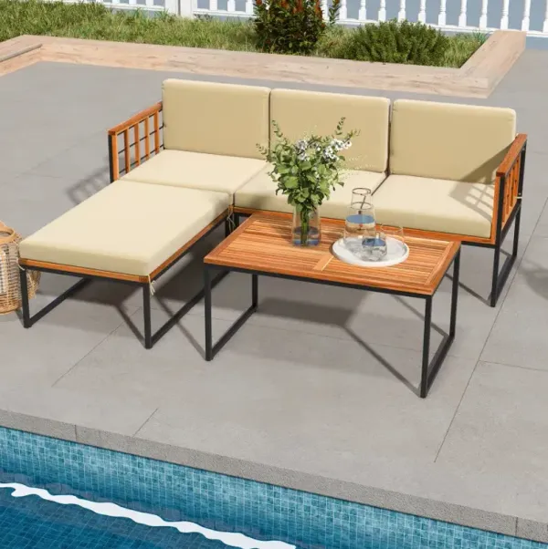 5 Pieces Patio Furniture Set Acacia Wood Sectional Set with Heavy-Duty Metal Frame