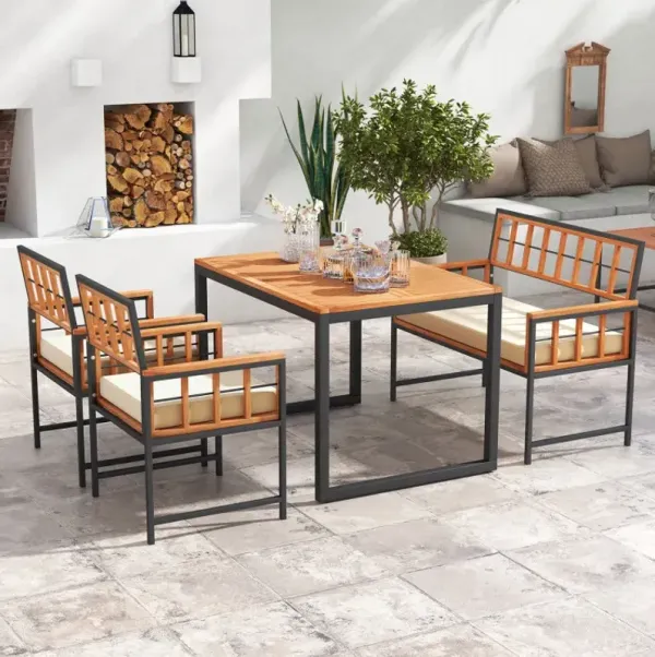 4 Pieces Acacia Wood Patio Dining Set with 1 Rectangular Table and Loveseat