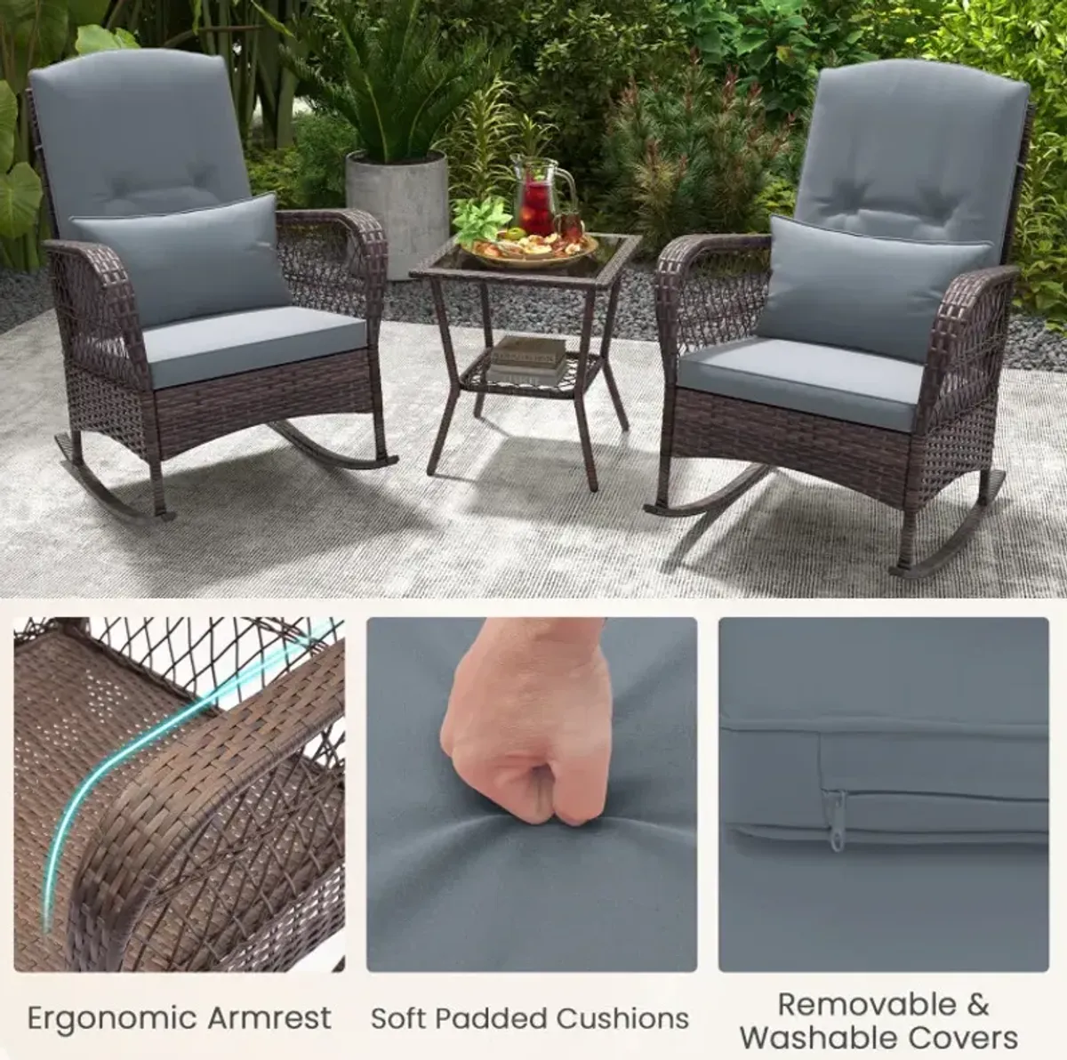 3 Pieces Rocking Bistro Set with 2-Tier Coffee Table