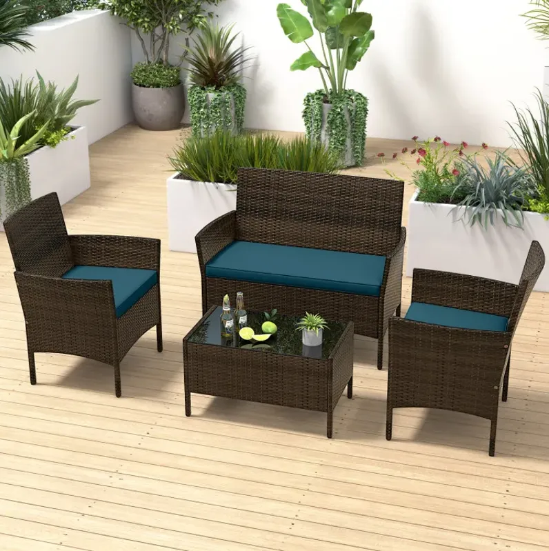 4 Piece Patio Rattan Conversation Set with Cozy Seat Cushions