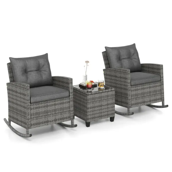 3-Piece Patio Rattan Roker Chairs with Tempered Glass Table and Soft Cushions