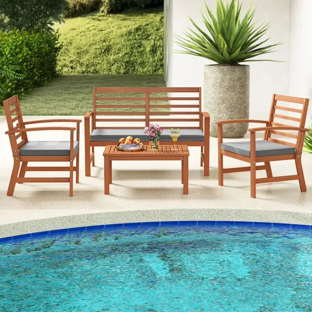 4 Pieces Outdoor Furniture Set with Stable Acacia Wood Frame
