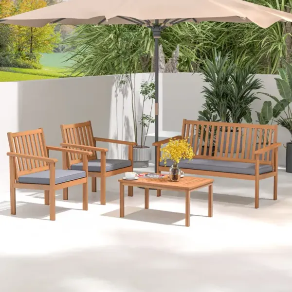 4 Pieces Patio Wood Furniture Set Acacia Wood Sofa Set with Loveseat