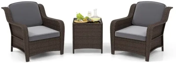 3 Pieces Outdoor Rattan Furniture Set with Cushions and Tempered Glass Coffee Table