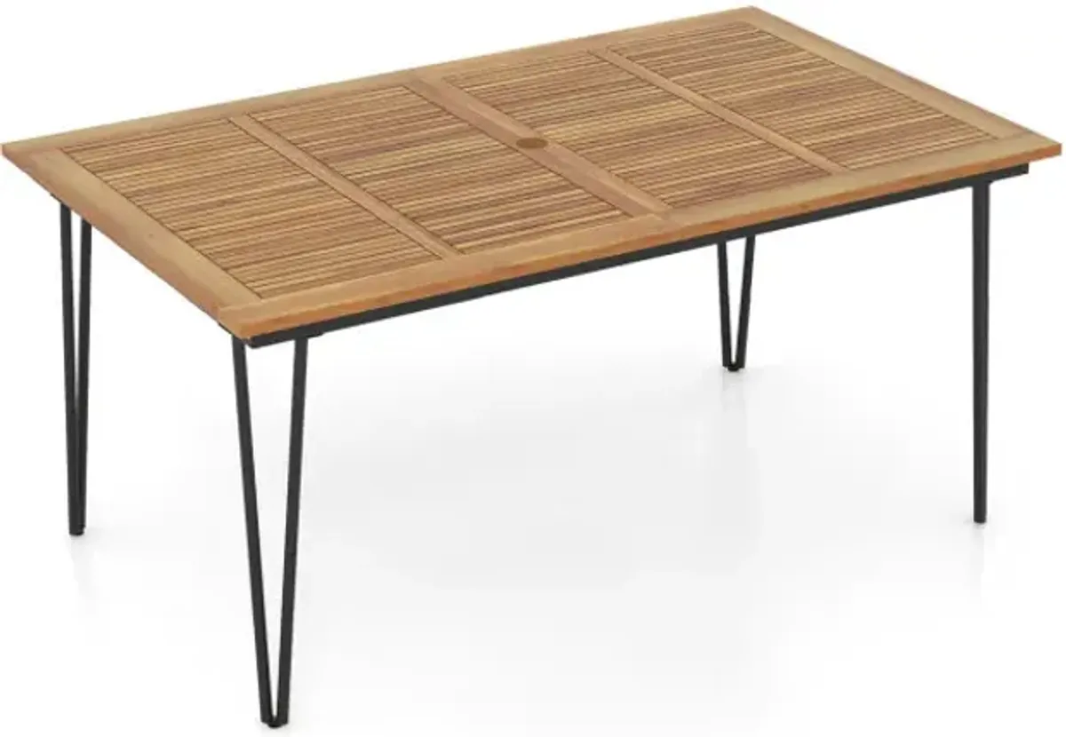 63/86.5 Inch Rectangular Outdoor Dining Table with Acacia Wood Tabletop and Umbrella Hole