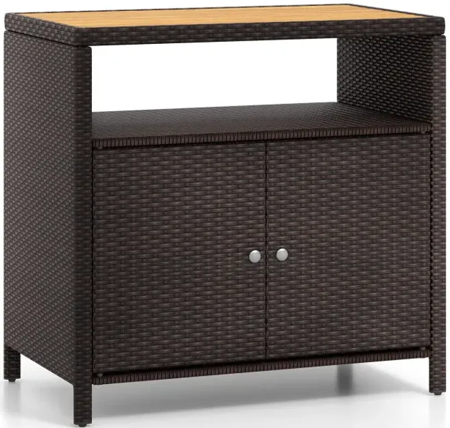 Rattan Storage Cabinet with Acacia Wood Countertop for Poolside Deck and Patio