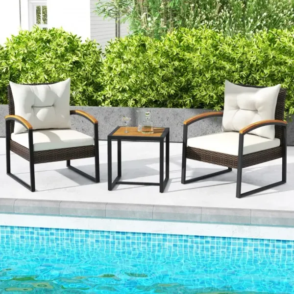 3 Piece Patio Conversation Set with Solid Acacia Wood  Armrests and Tabletop