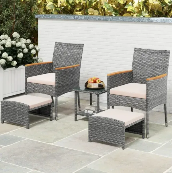 5 Pieces Patio Conversation Set with Soft Cushions and Ottomans