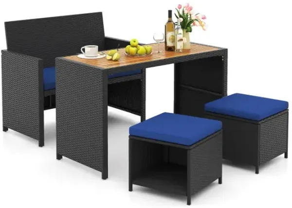 4 Piece Outdoor Dining Set with Wood Topped Dining Table, Rattan Loveseat Chair and 2 Ottomans