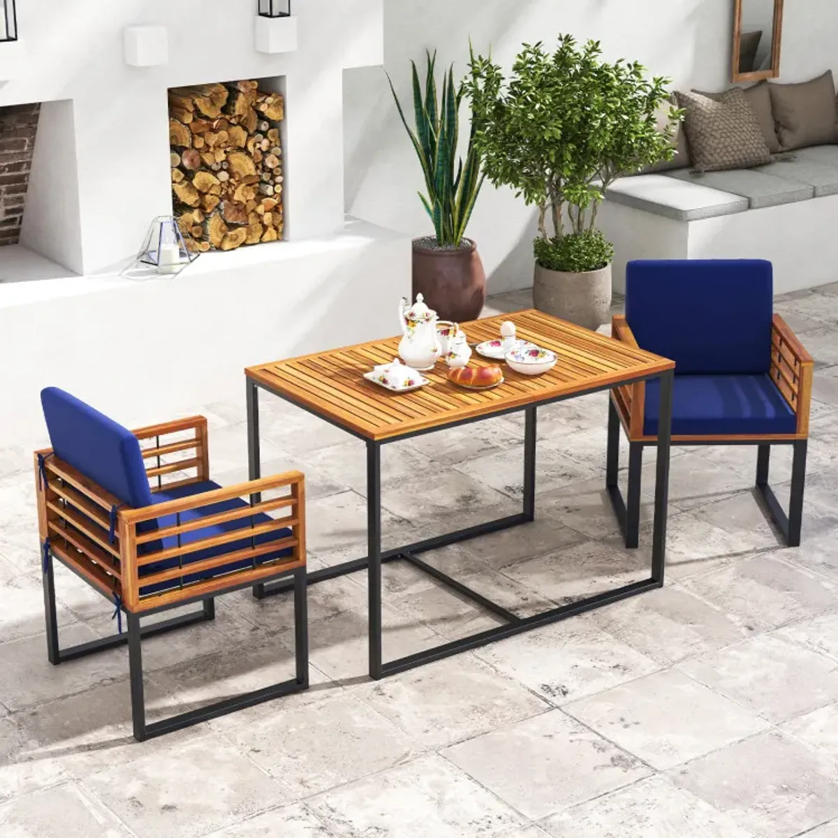 Acacia Wood Patio Dining Table with Metal Frame