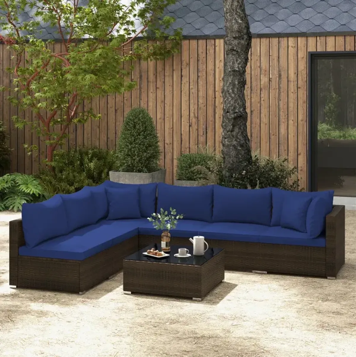 7 Pieces Patio Rattan Furniture Set with Sectional Sofa Cushions